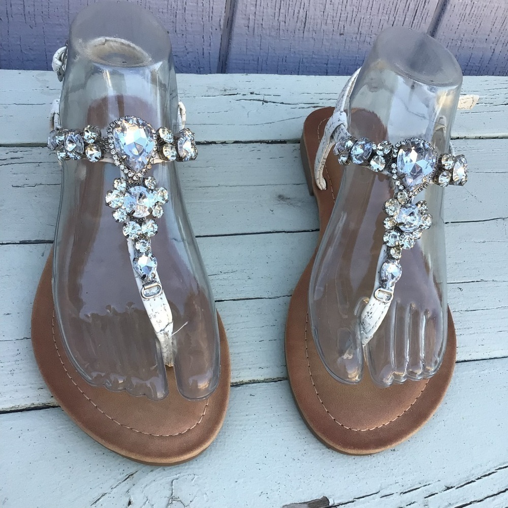 White T-Strap Women’s Sandals Jeweled With Hallo Crystal